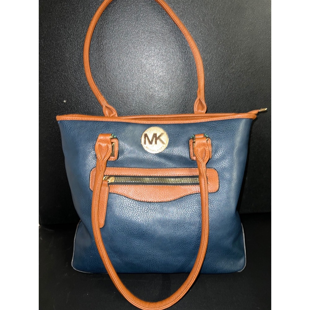 Michael Kors Navy Blue Cognac Brown Pebbled Leather Tote Bag Gold MK Logo Purse - Picture 3 of 5
